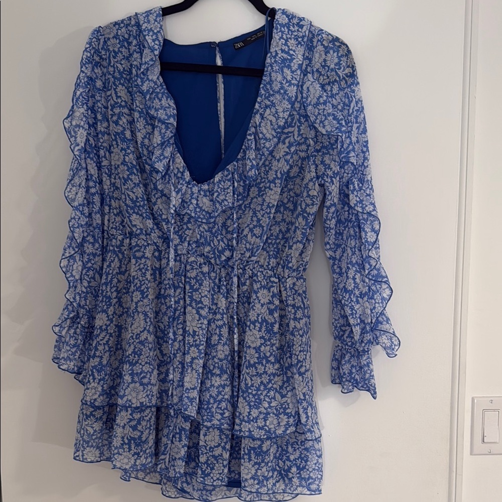 Zara Blue and White Ruffled Romper